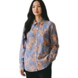 TALBOTS Women XL Blouse Tropical Floral Orange Periwinkle Buttons Long Sleeve 46